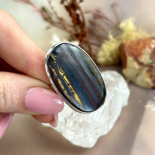 Tiger Iron Oval Battered Silver Ring