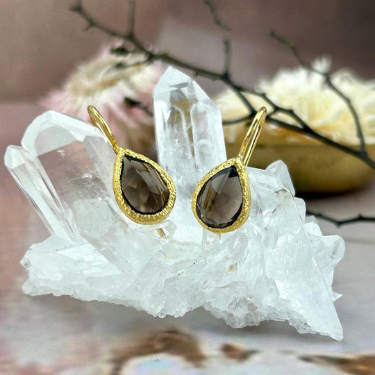 Smokey Quartz Faceted Teardrop Brushed Gold Drop Earrings