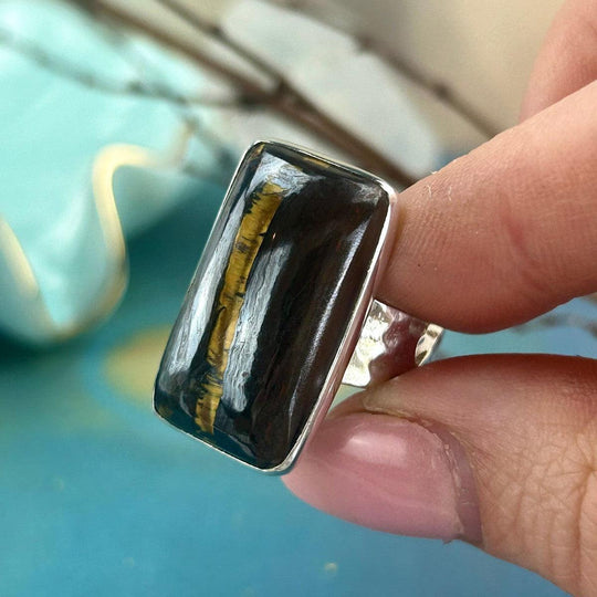 Tiger Iron Rectangular Battered Silver Ring