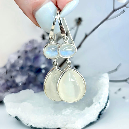 Cat’s Eye & Rainbow Moonstone Double Drop Earrings