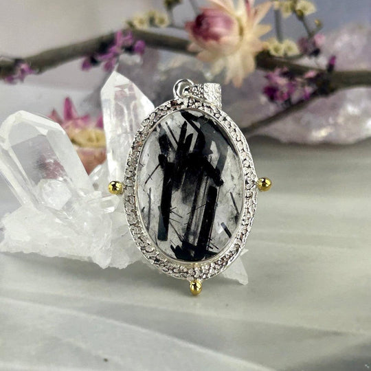 Tourmalated Quartz Oval Ornate Etched Silver Pendant