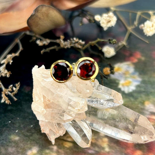 Garnet Brilliant Cut Gold Stud Earrings