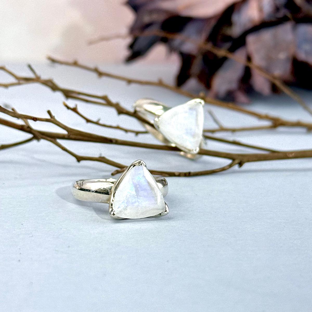 Rainbow Moonstone Trillion Cut Ring