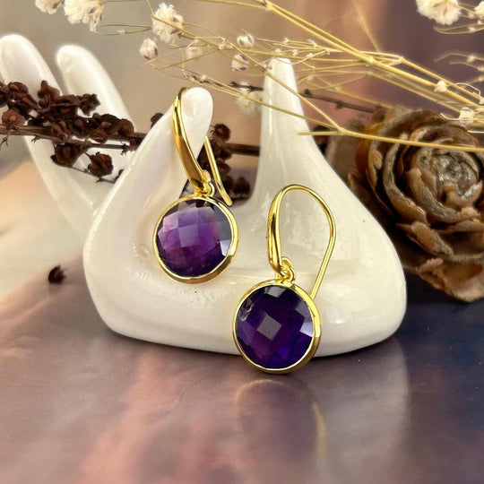 Amethyst Round Gold Drop Earrings