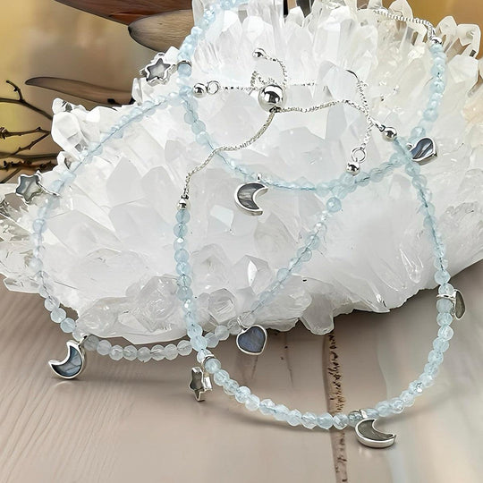 Aquamarine Sterling Silver Bolo Tie Faceted Bead Bracelet