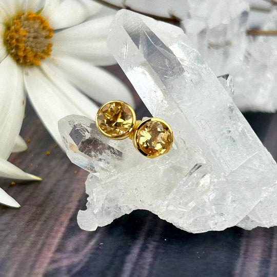 Citrine Brilliant Cut Gold Stud Earrings