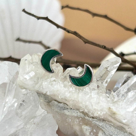Malachite Crescent Moon Stud Earrings