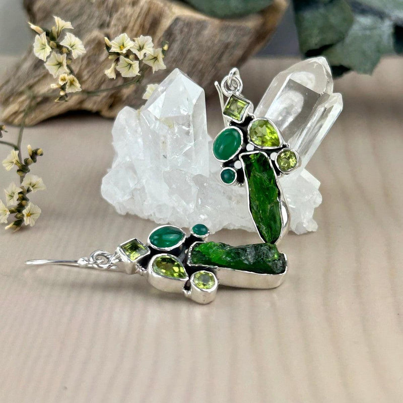 Raw And Faceted Green Stone Earrings