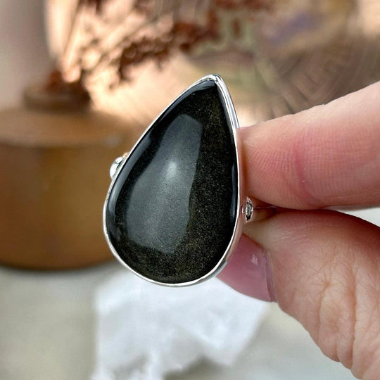 Golden Sheen Obsidian Teardrop Ring