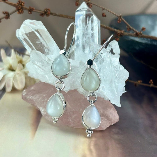 Cat’s Eye Moonstone Pear Double Drop Earrings