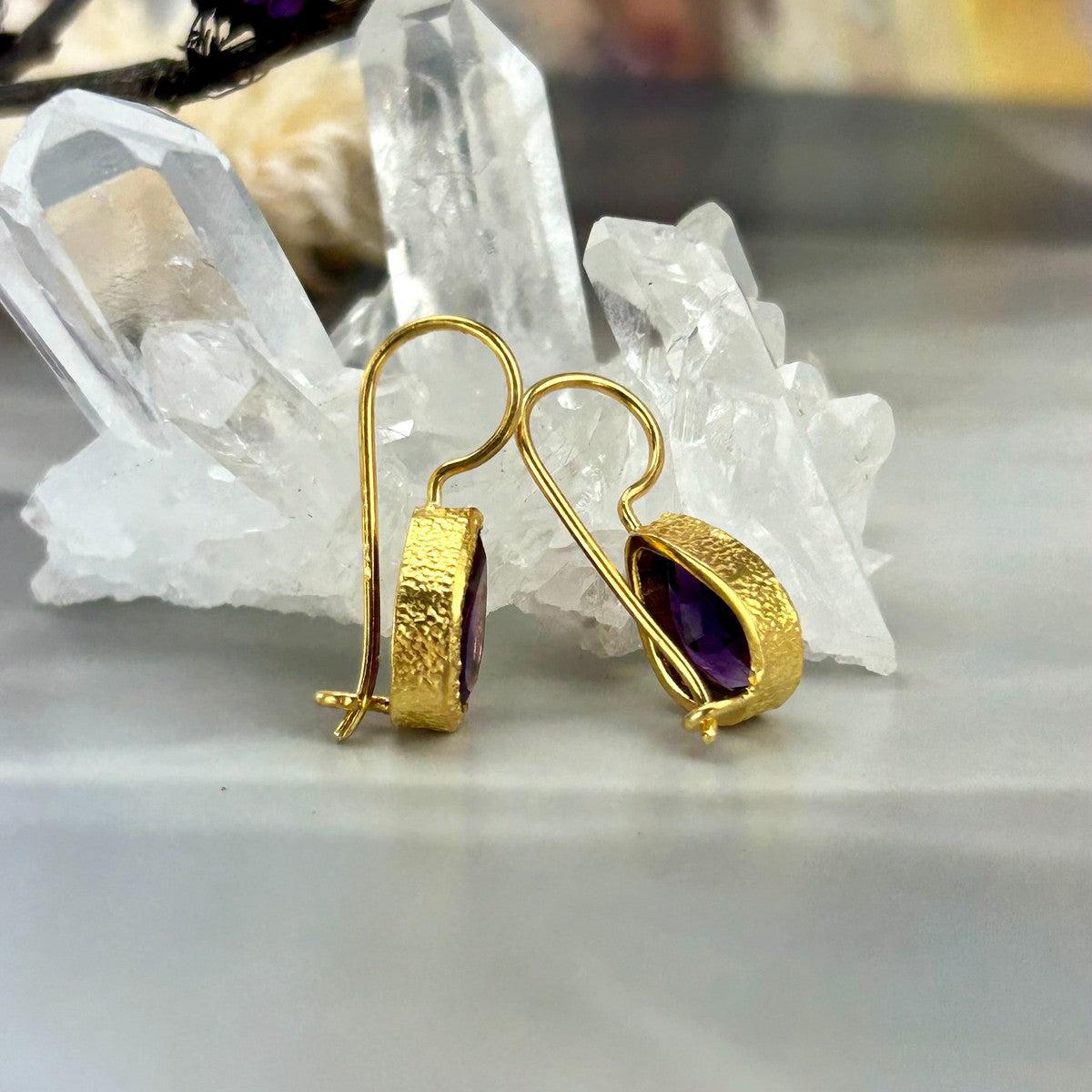 Pear Cut Amethyst Gold Earrings