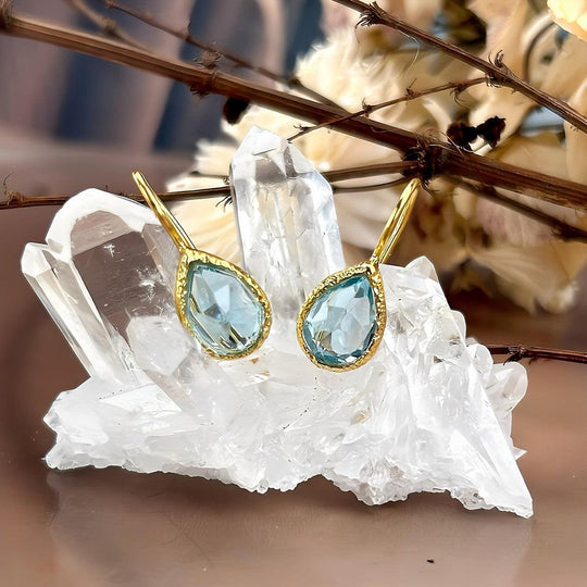 Blue Topaz Faceted Teardrop Brushed Gold Drop Earrings