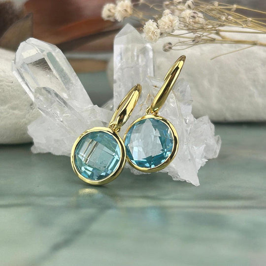 Blue Topaz Round Gold Drop Earrings