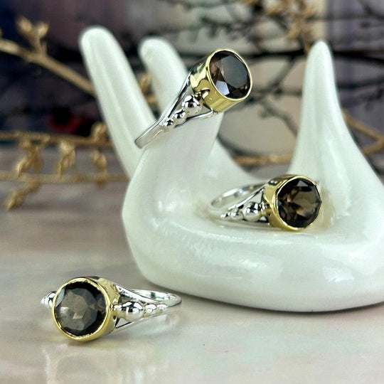Smokey Quartz Brilliant Cut Brass & Silver Band Ring