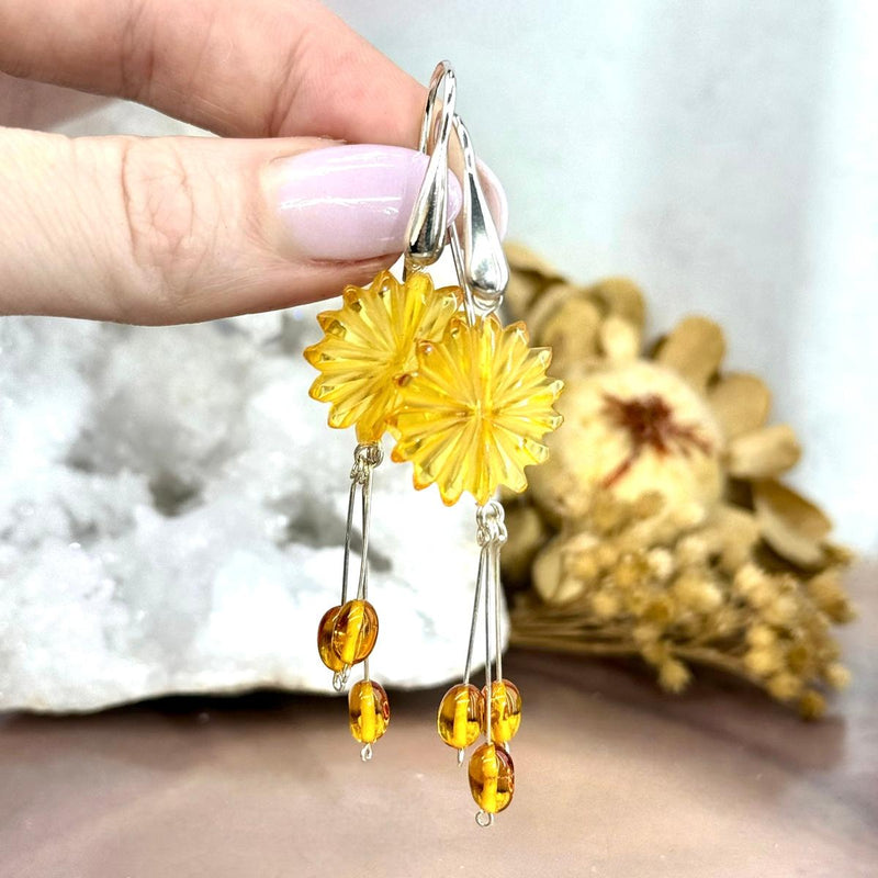 Baltic Amber Etched Flower & Bead Double Drop Earrings