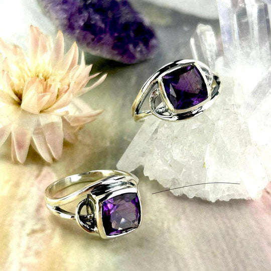 Amethyst Princess Cut Swirl Band Ring
