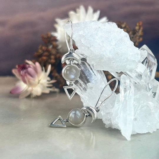 Grey Cat’s Eye Moonstone Crescent Moon Earrings