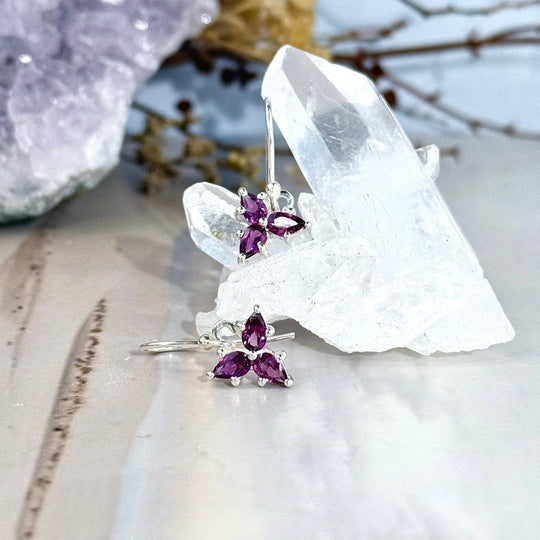 Garnet (Rhodolite) Flower Drop Earrings