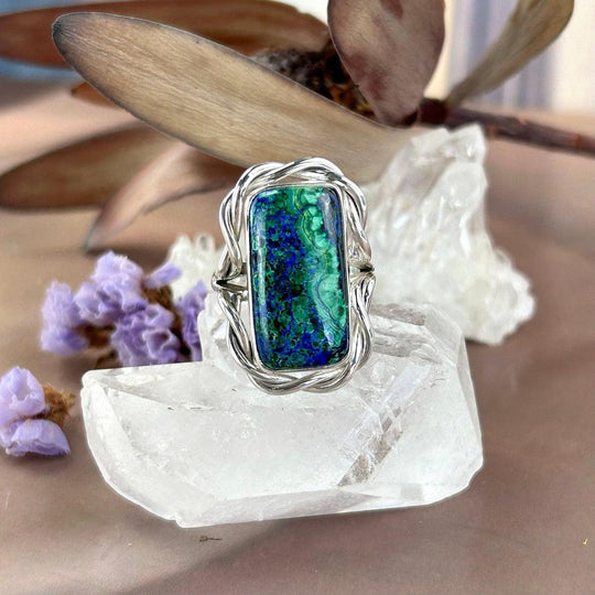 Azurite Malachite Rectangular Twisted Edge Ring