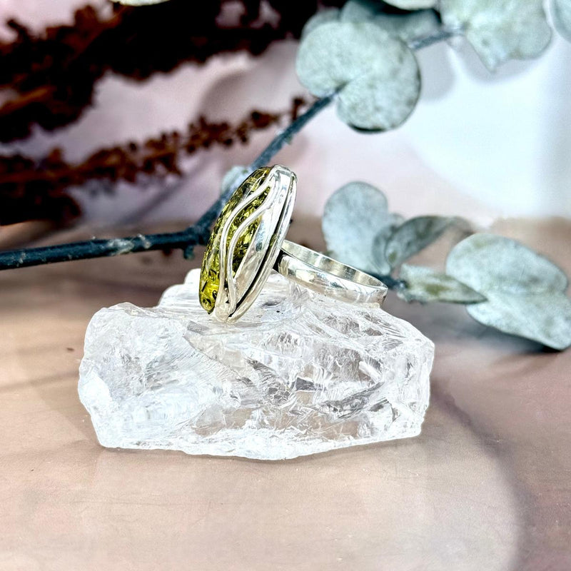 Baltic Green Amber Oval Elongated Ring