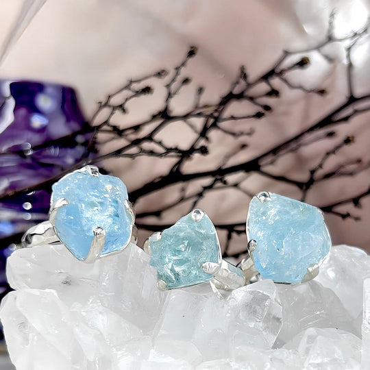 Aquamarine Raw Freeform Thin Tempered Band Rings