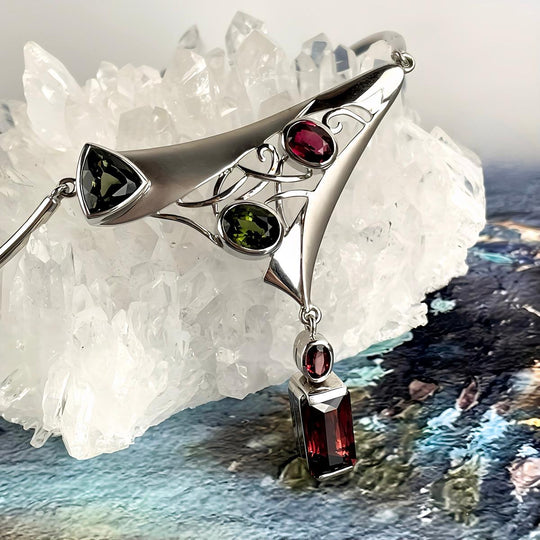 Green & Pink Tourmaline Large Double Drop Necklace by Janusz Szkutnik