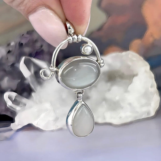 Grey Cat’s Eye Moonstone & Pearl Double Drop Pendant