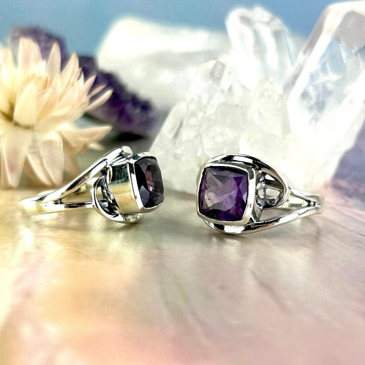 Amethyst Princess Cut Swirl Band Ring