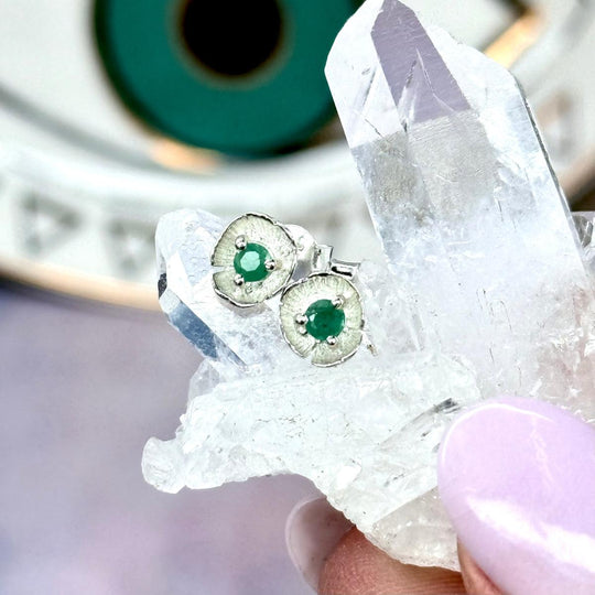 Emerald Silver Flower Stud Earrings