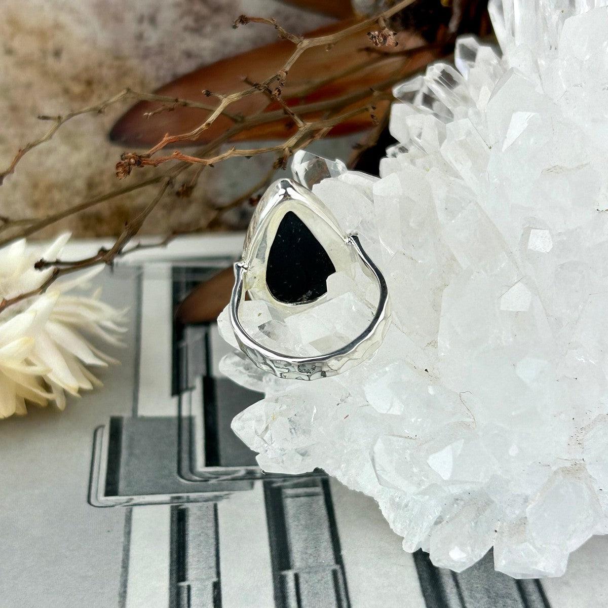 Hammered Silver Black Crystal Ring
