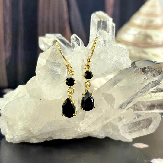 Black Onyx Gold Double Drop Earrings
