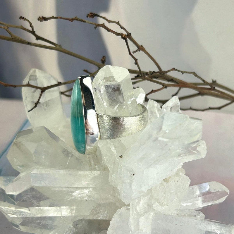 Brushed Silver Green Stone Ring