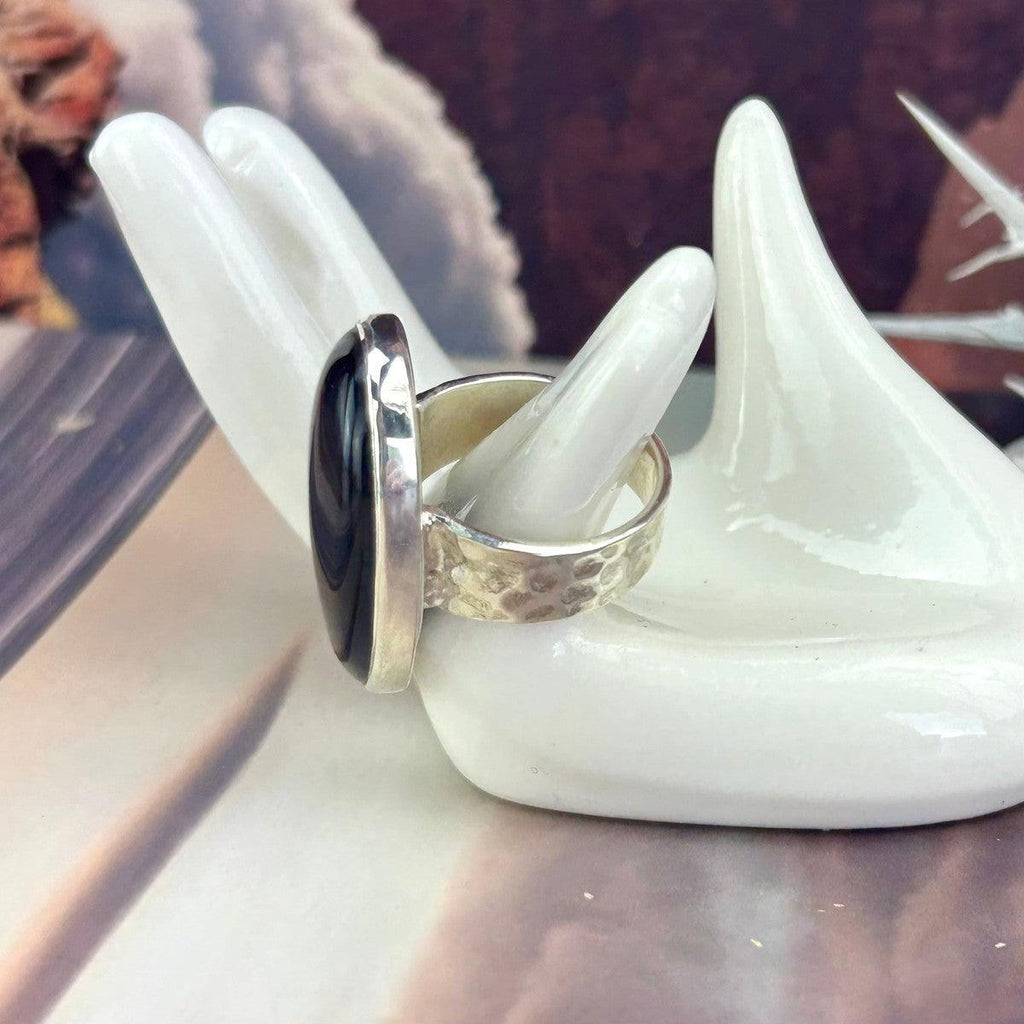 Battered Silver Obsidian Ring