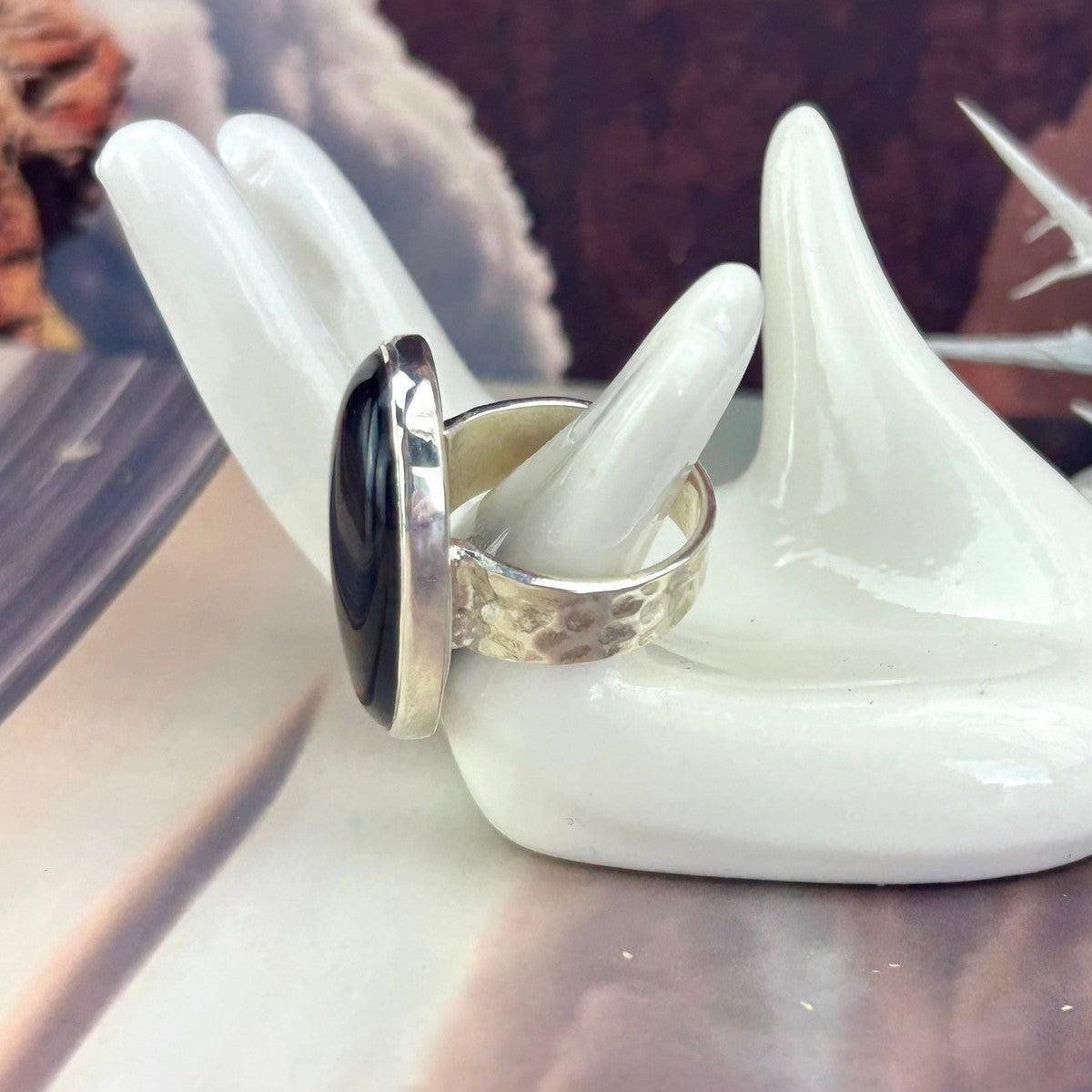 Battered Silver Obsidian Ring