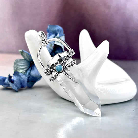 Clear Quartz Crystal Point & Amazonite Dragonfly Large Pendant