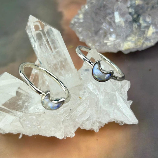Rainbow Moonstone Crescent Moon Stackable Rings