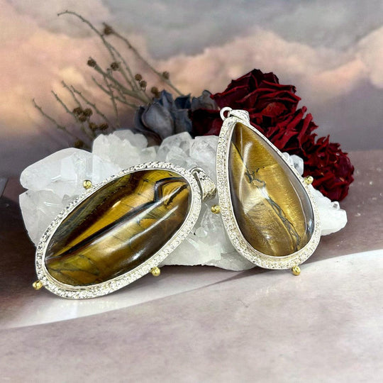 Golden Tiger’s Eye Assorted Shape Ornate Etched Silver Pendants