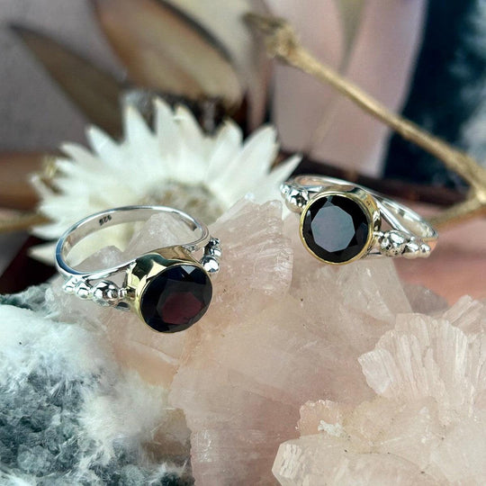 Garnet Brilliant Cut Brass & Silver Band Ring