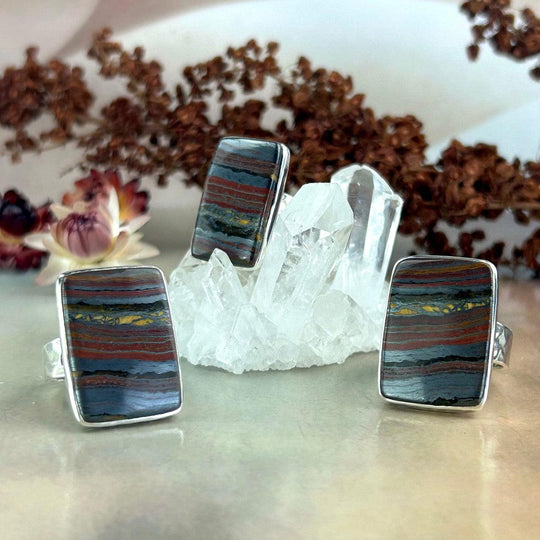 Tiger Iron Rectangular Battered Silver Rings