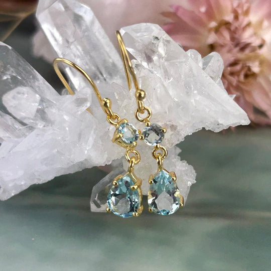 Blue Topaz Gold Double Drop Earrings
