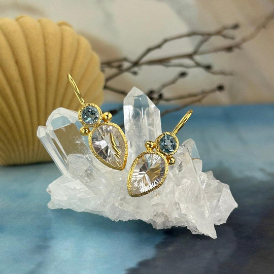 Clear Quartz & Blue Topaz Gold Drop Earrings