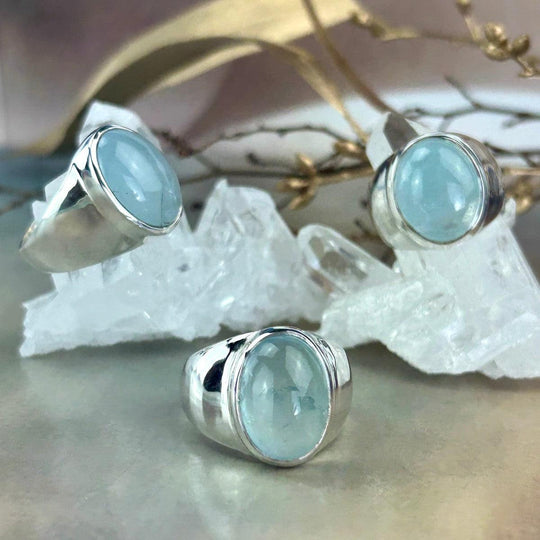 Aquamarine Oval Wide Band Rings