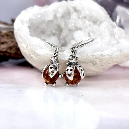Baltic Cognac Amber Ladybug Drop Earrings