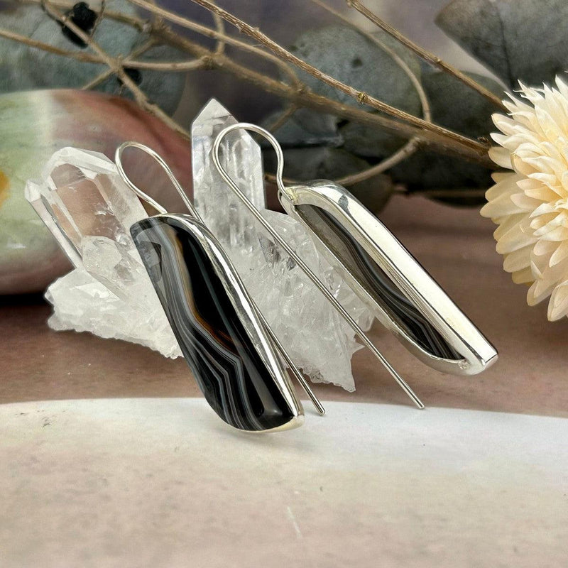 Ribbon Agate Silver Earrings