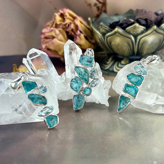 Apatite & Blue Topaz Raw & Faceted Cluster Pendants