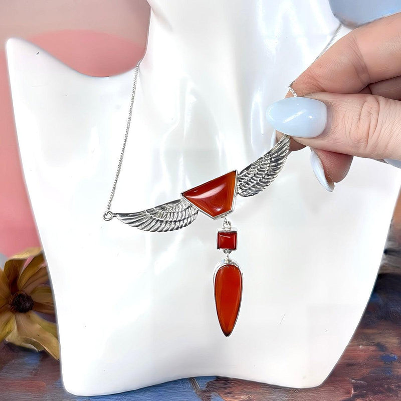 Carnelian Geometric Shapes Winged Pendant & Chain Necklace