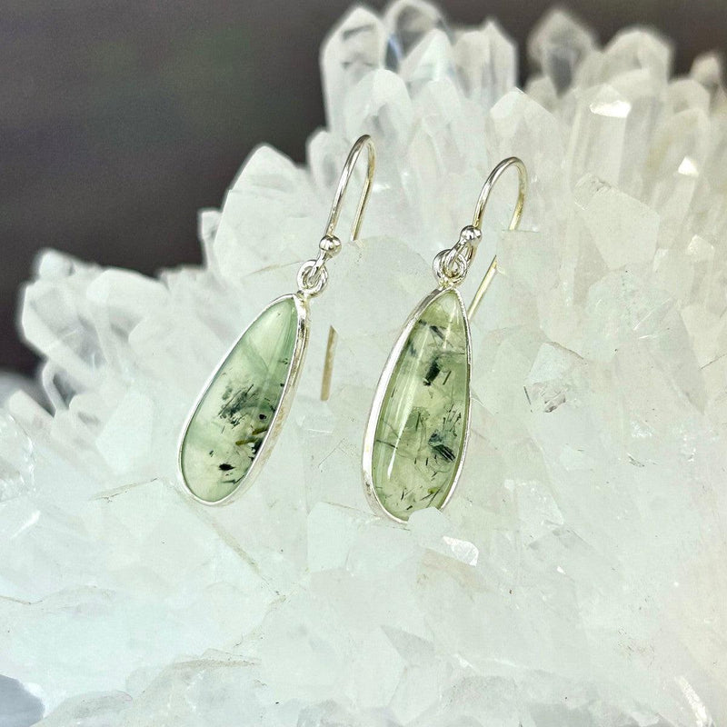 Prehnite With Epidote Elongated Teardrop Drop Earrings