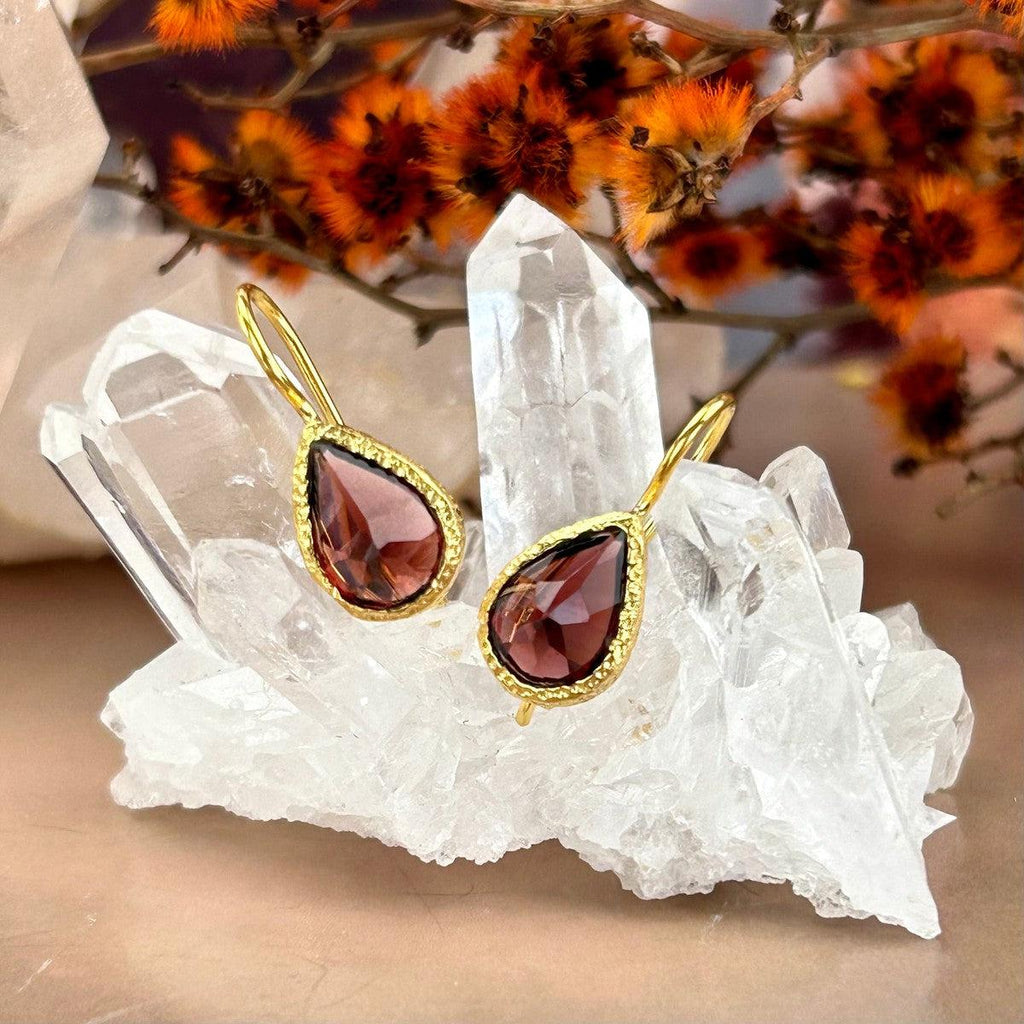 Garnet Teardrop Gold Earrings