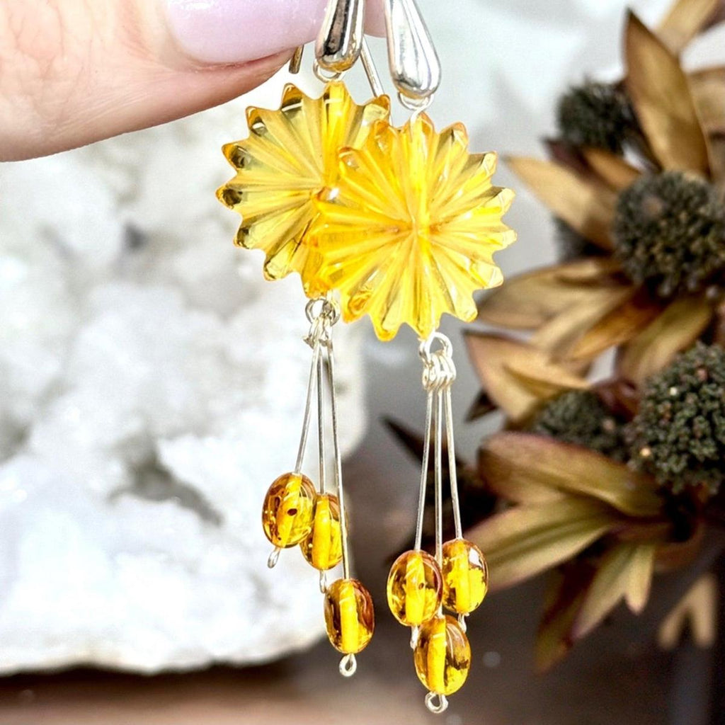 Baltic Amber Flower Drop Earrings