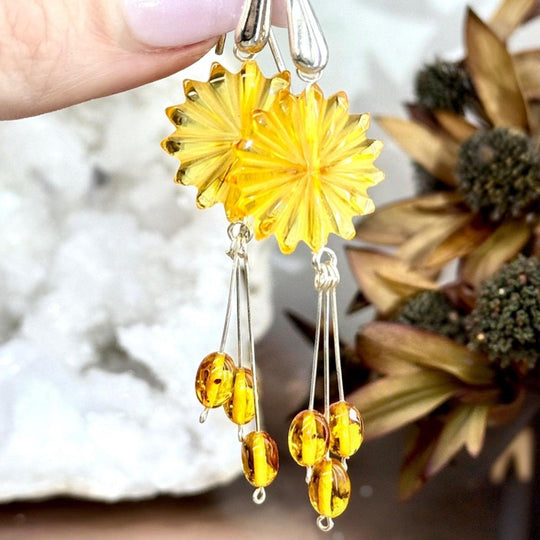 Baltic Amber Etched Flower & Bead Double Drop Earrings
